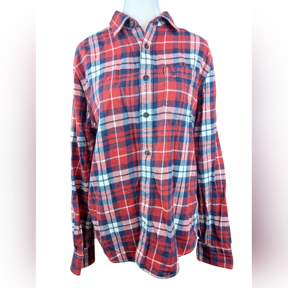 🍂 American Eagle Prep Fit Men's Red and Blue Plaid Shirt Cotton Medium